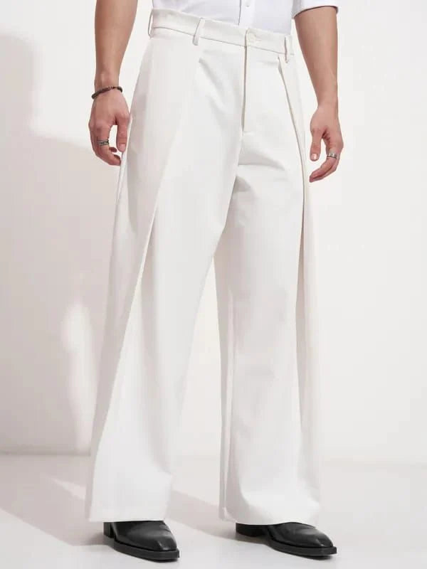 Men's White Wide-Leg Pleated Trouser | Korean Style Oversized Pant | Premium Streetwear Fashion for Modern Look