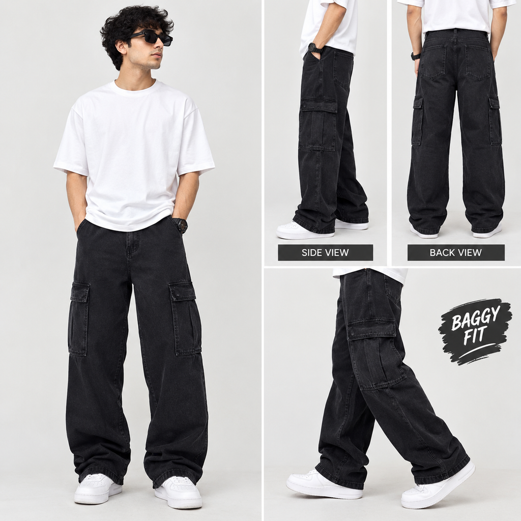 Men’s Black Baggy Cargo Pants – Relaxed Fit Wide Leg Jeans