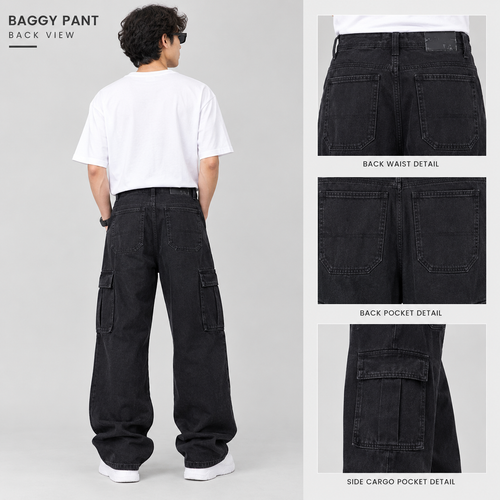 Men’s Black Baggy Cargo Pants – Relaxed Fit Wide Leg Jeans
