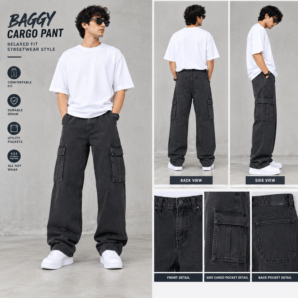 Men’s Charcoal Grey Baggy Cargo Jeans – Relaxed Wide Leg Fit
