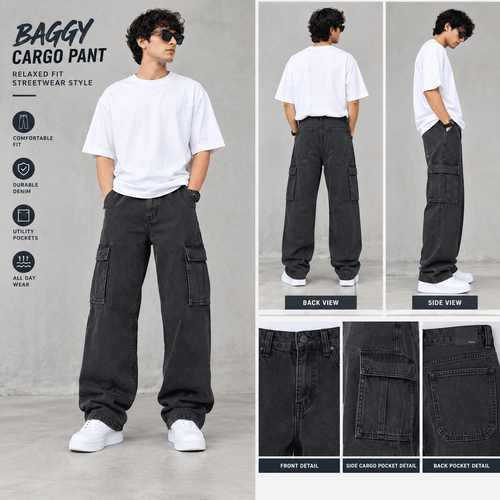 Men’s Charcoal Grey Baggy Cargo Jeans – Relaxed Wide Leg Fit