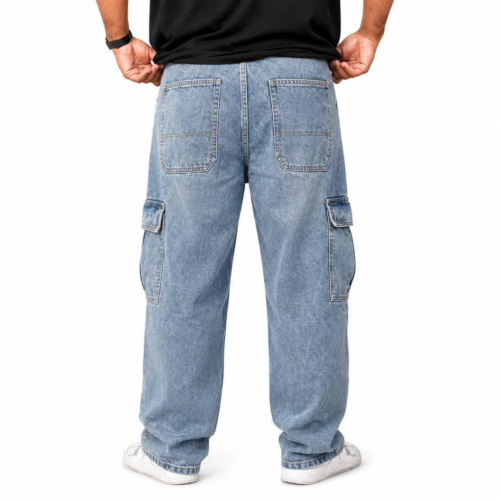 Urban Cargo Baggy Jeans – Premium Light Blue Denim