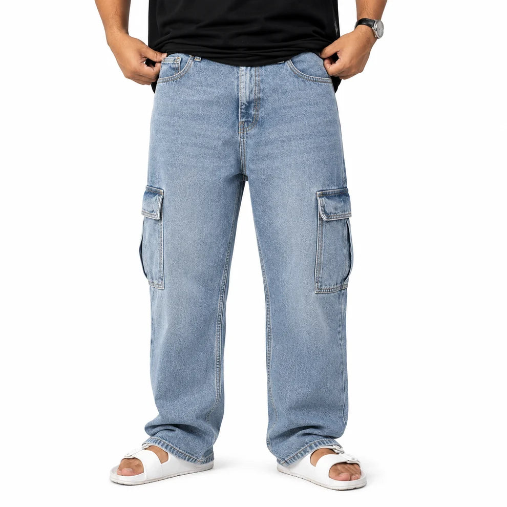 Urban Cargo Baggy Jeans – Premium Light Blue Denim